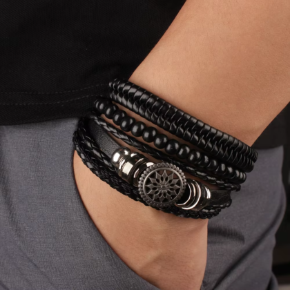 Set Braided Wrap Leather Bracelets for Men